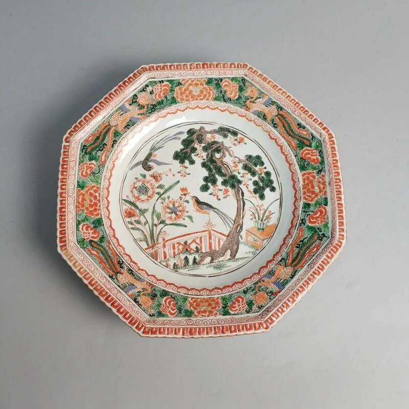 M25JP002386 - 清康熙五彩花鸟纹八方盘古董瓷器/文物收藏/绣花张