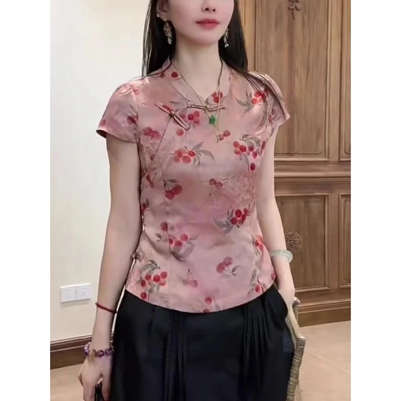 新中式国风轻奢洋气刺绣印花短袖小衫夏季复古显瘦斜襟盘扣上衣女