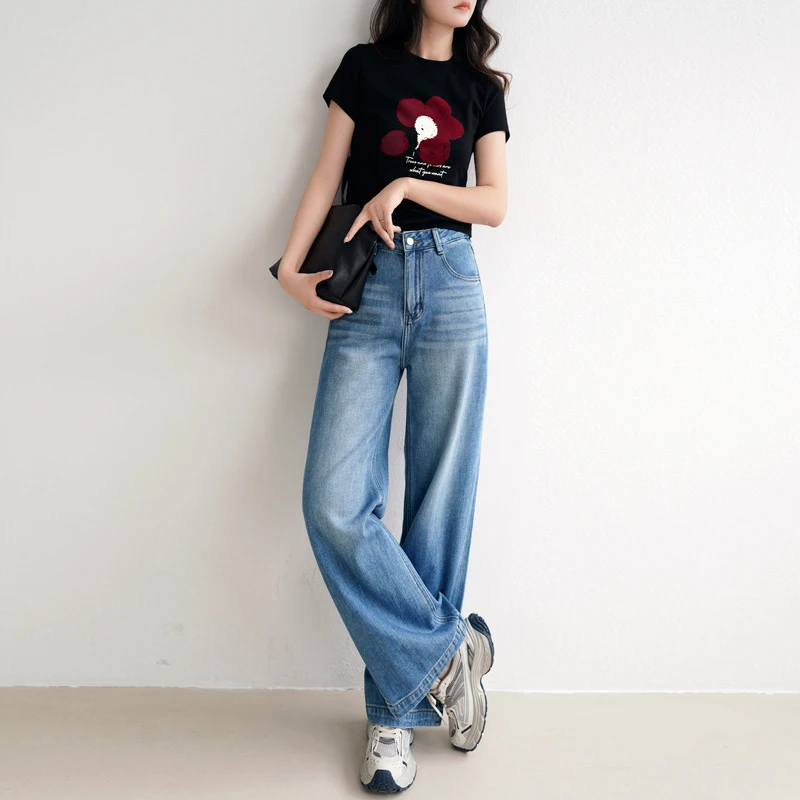 柜柜2K+~柔顺舒适篙级感人字纹牛仔裤女篙阶水洗窄版休闲阔腿裤子