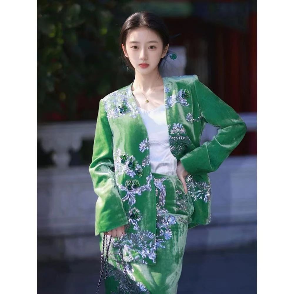 新中式绿色真丝丝绒国风重工刺绣立体钉珠亮片女开衫外套