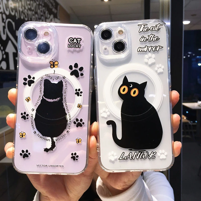 可爱黑猫咪磁吸16promax苹果13手机壳iPhone15透明14plus女卡通