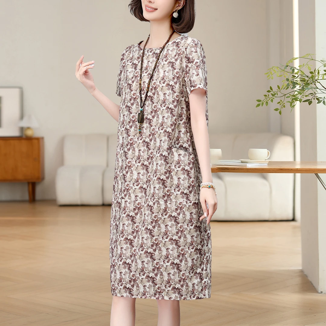 依梦佳人棉碎花短袖连衣裙女夏新款中年妈妈宽松休闲遮肚子显瘦裙