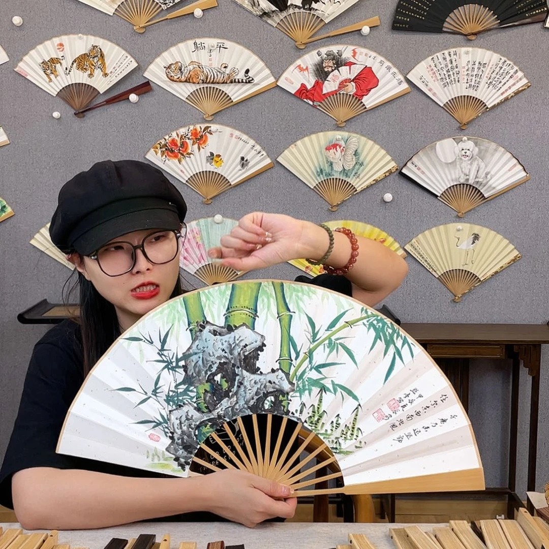 国画10寸玉竹-纯手绘-文玩扇骨（默认粘好）