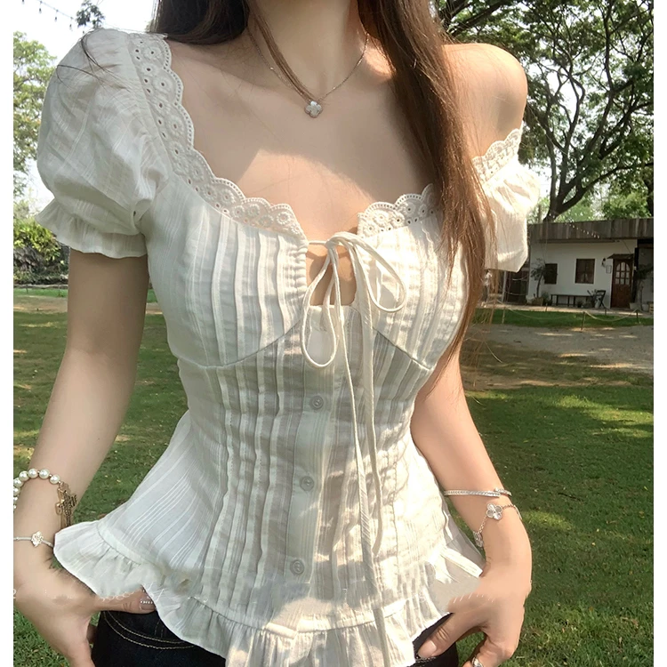 蝴蝶结蕾丝花边短袖衬衫女夏泡泡袖衬衣小衫上衣