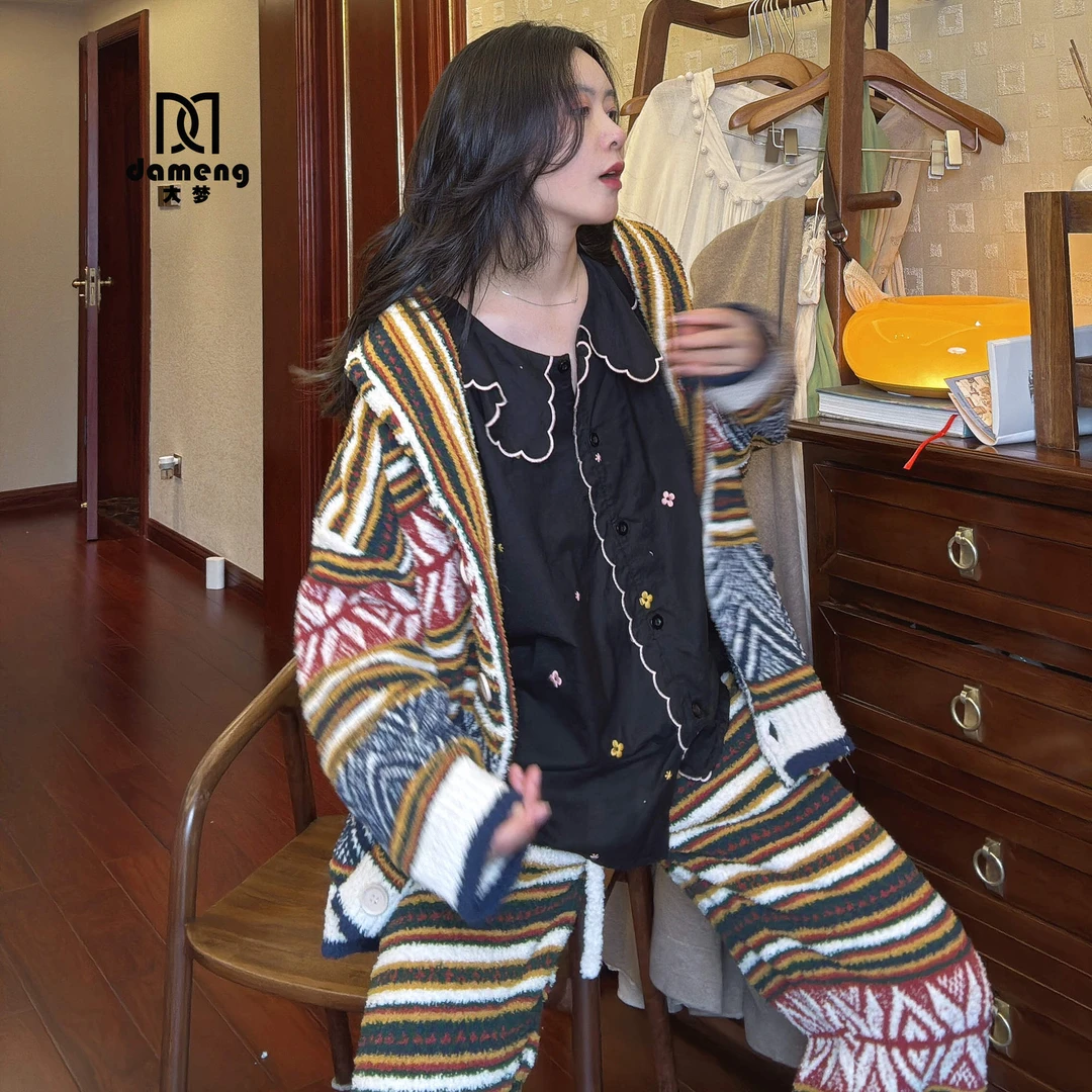 复古名族风针织慵懒风宽松开衫女秋冬毛衣外套半边绒高级感家居服