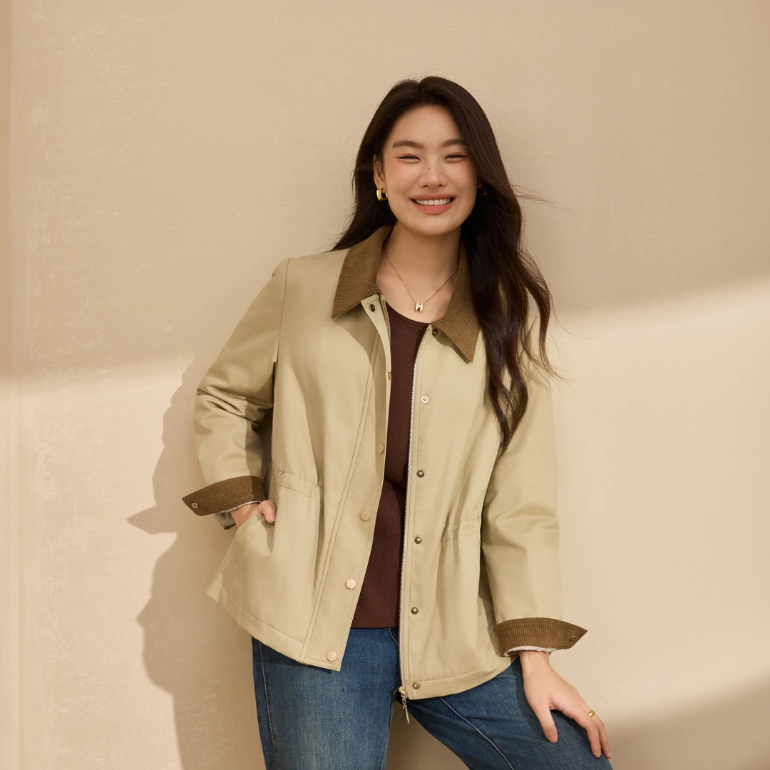 【牧野】纤莉秀大码流光凤秋日氛围感撞色拼接灯芯绒外套QK3819