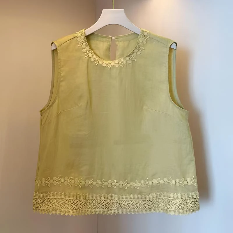G525夏季新款刺绣花边圆领无袖宽松百搭复古重工背心上衣中国风