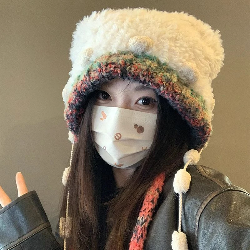 秋冬韩版可爱小熊毛绒针织帽子女彩色绑带护耳帽帽子女款冬季保暖