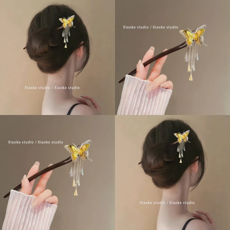 蝴蝶与我！木质发簪！盘发神器簪子新中式汉服旗袍超仙子头饰品