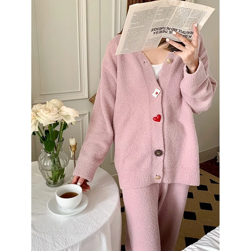 莫里伊【粉色无规则纽扣】小众时尚设计休闲可外穿保暖睡衣家居服