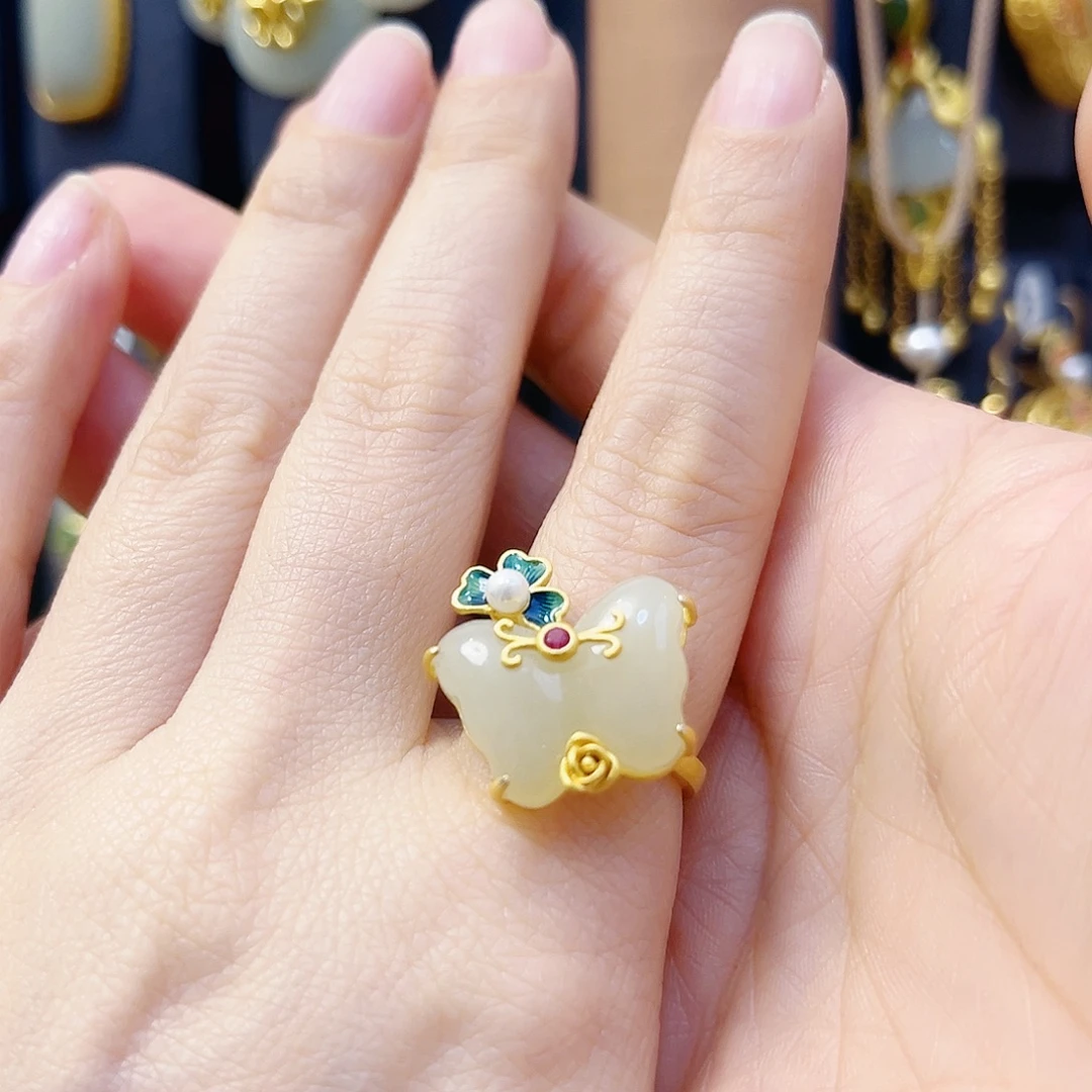 和田玉银S925镀金镶嵌戒指