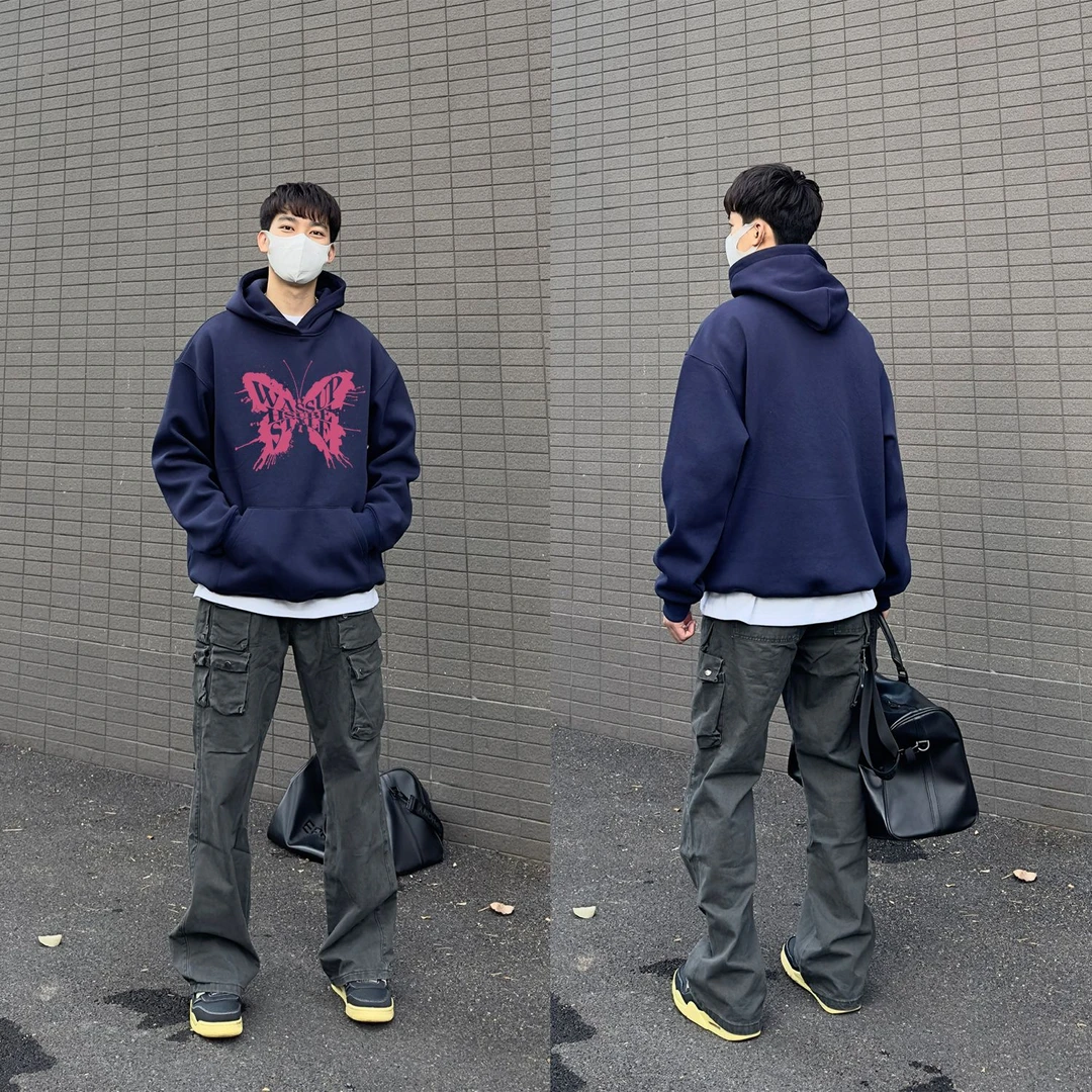 WASSUP HSUBE宽松长袖蝴蝶高街秋冬百搭休闲美式印花卫衣情侣上衣