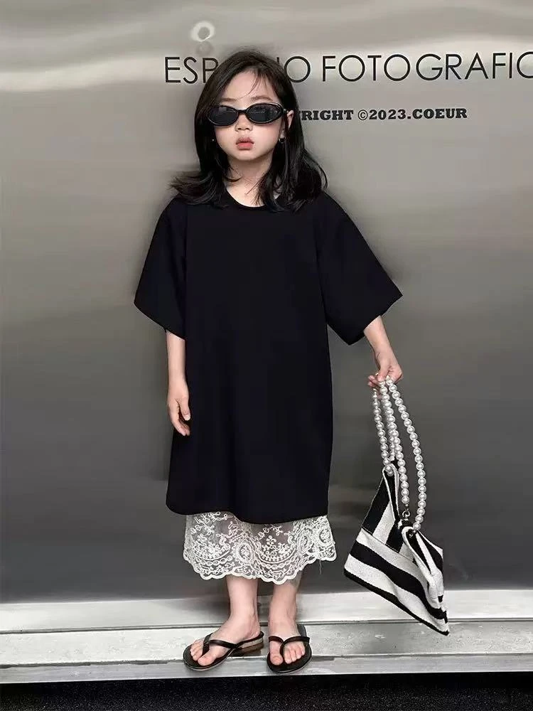 【语汐定制】2025新款女童韩版时尚休闲短袖长款上衣10536