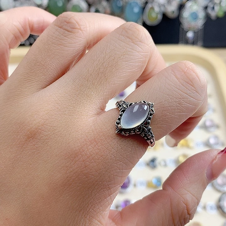 蛇纹石玉戒指银S925镶嵌小****方