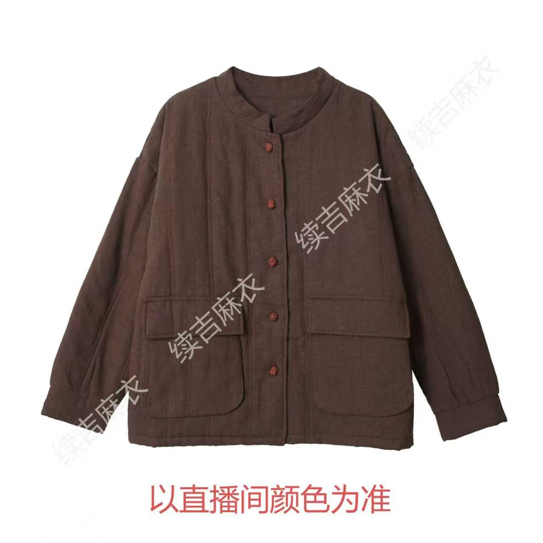 冬-续吉麻衣25-2600亚麻立领纯色长袖百搭复古休闲加厚棉衣