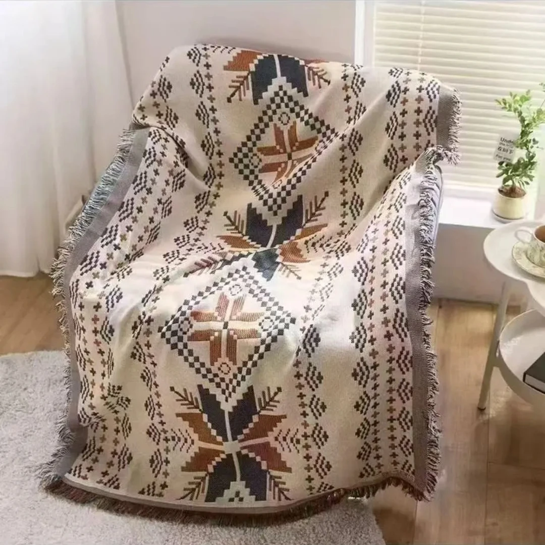 枫叶80*180cm±5cm流苏沙发巾编织提花汉麻直排沙发垫双面四季可用