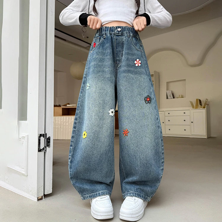 女童阔腿裤春秋装2025新款儿童百搭牛仔裤中大童秋季时尚休闲裤子