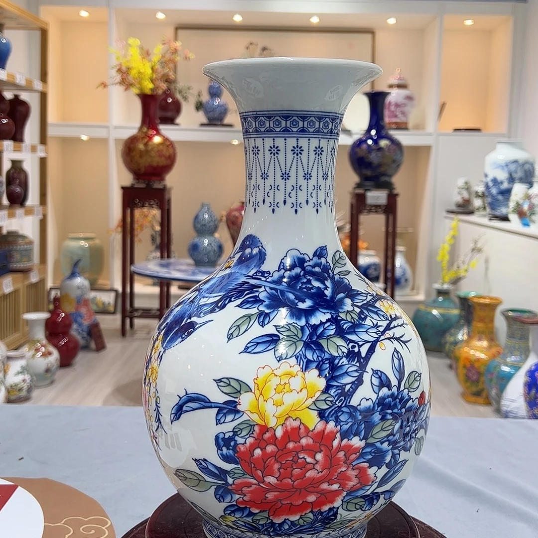 摆件陶35.5cm牡丹赏瓶