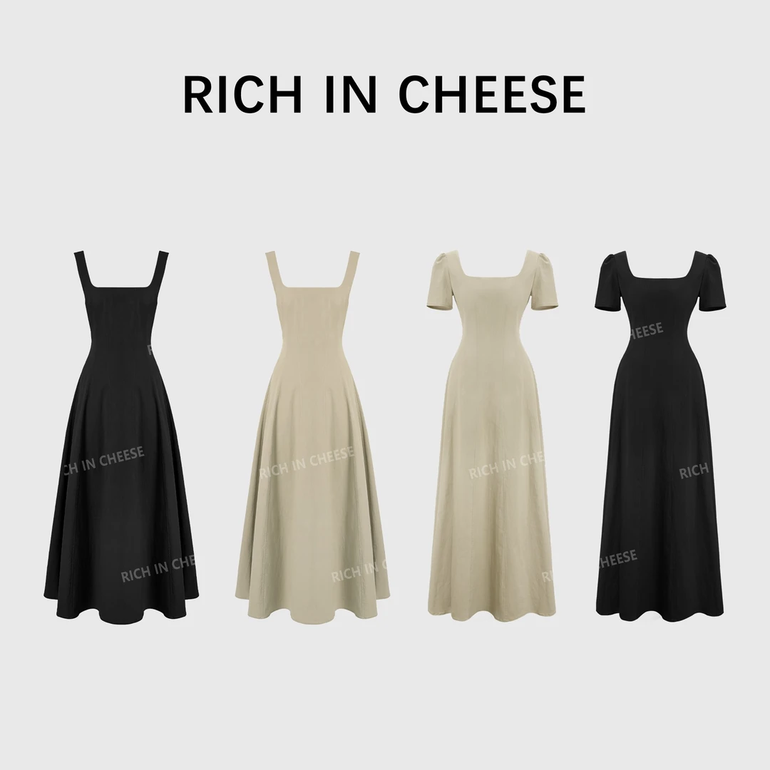 RICHINCHEESE 豆蔻之夏 赫本风方领气质时尚百搭法式复古连衣裙