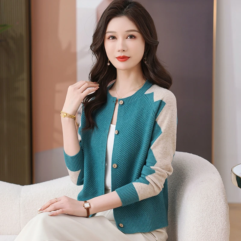 2025春秋爆款圆领女针织衫开衫拼色简约外套纽扣气质百搭上衣宽松