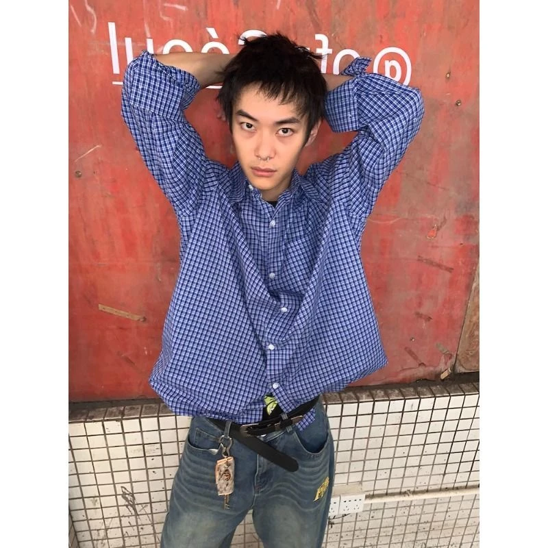 帅气美式复古格纹拼接长袖衬衫男女宽松休闲百搭慵懒风防晒上衣潮