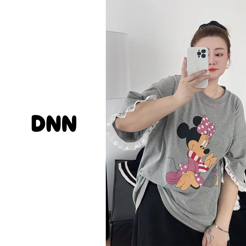 现货【大妮妮】大码 卡通世界高级花边2025新款圆领短袖上衣2030