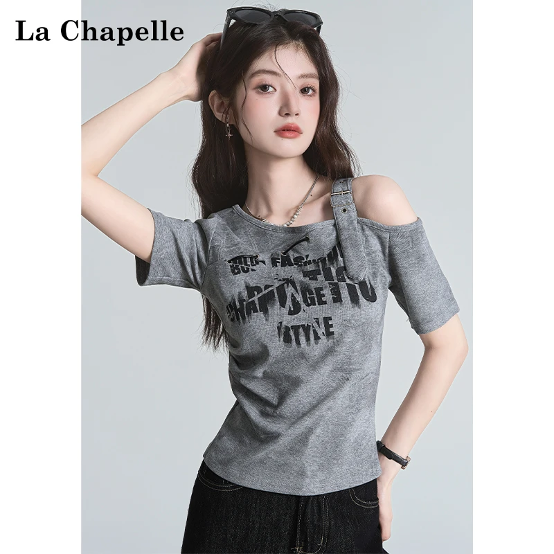 拉夏贝尔美式辣妹短袖肩带拼接假两件T恤女设计感灰色修身短上衣