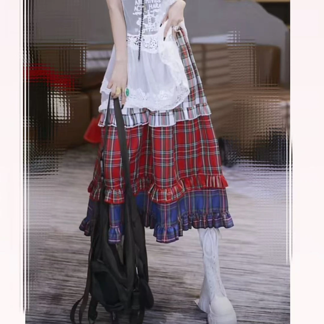 休闲百搭三色格子拼接蛋糕层半身裙