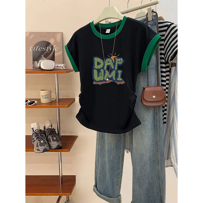 小飞袖褶皱正肩短袖t恤女2025新款时尚百搭收腰显瘦上衣春夏秋季