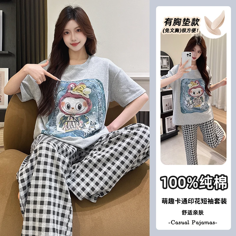 夏季短袖长裤新款睡衣爆款舒适纯棉睡衣带胸垫卡通女款家居服套装