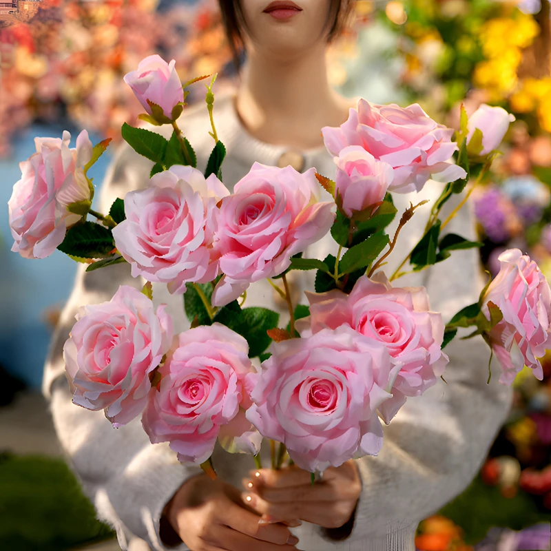 法式3头粉色玫瑰花束粉色仿真花假花客厅插花瓶花艺餐桌装饰