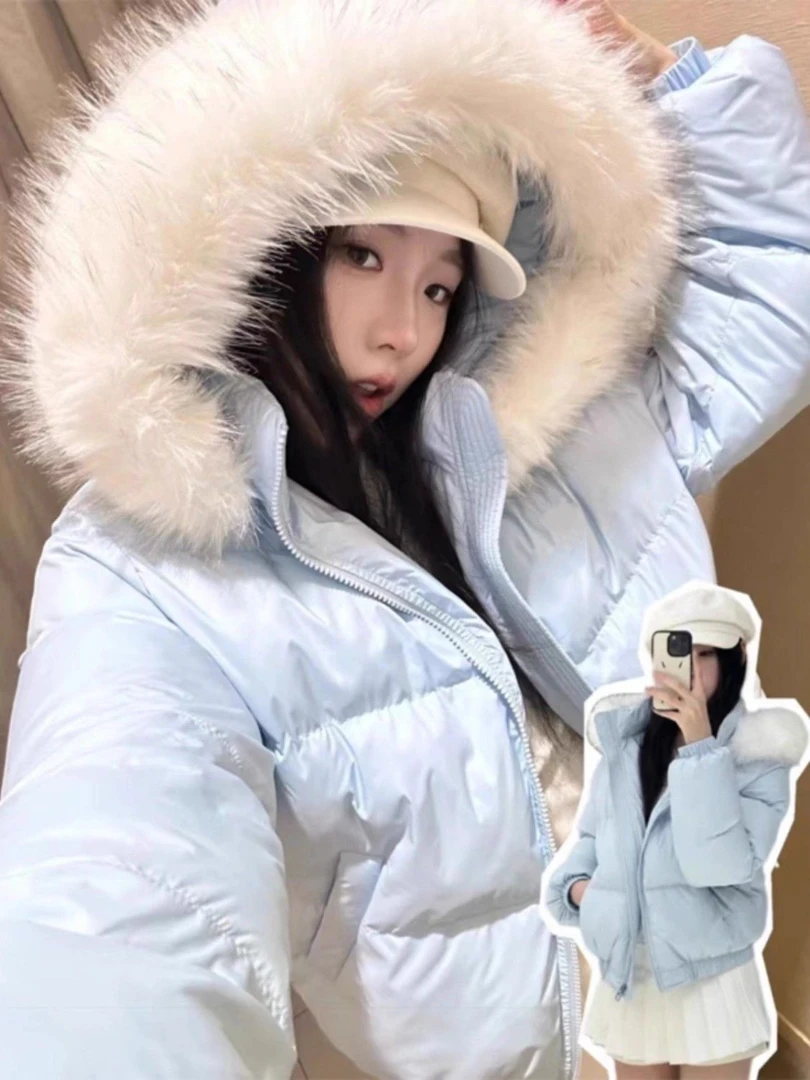 棉衣女连帽百搭冬季短款毛领学生小个子棉服短款短外套粉色白色蓝