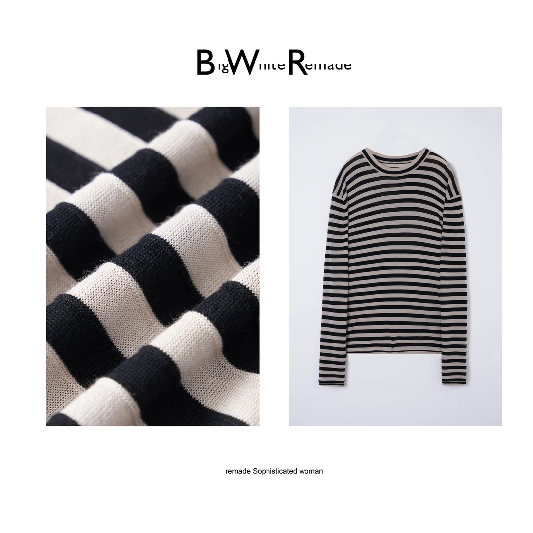 【总】长袖休闲套头黑白条纹修身时尚圆领打底66170