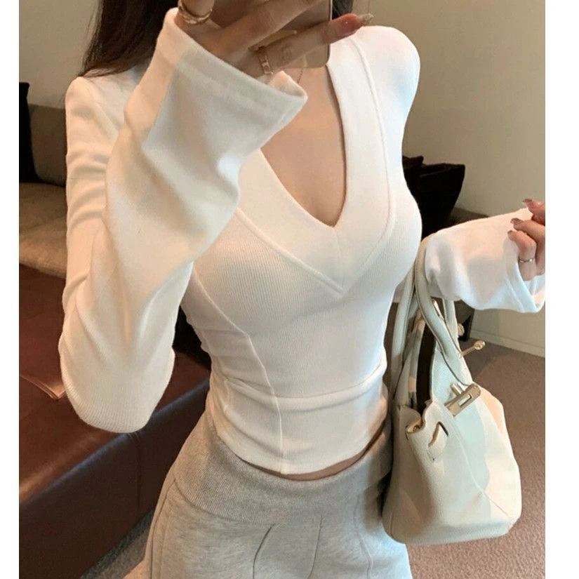 欧货2025春季新款纯色v领显瘦打底衫时尚洋气百搭修身内长袖辉