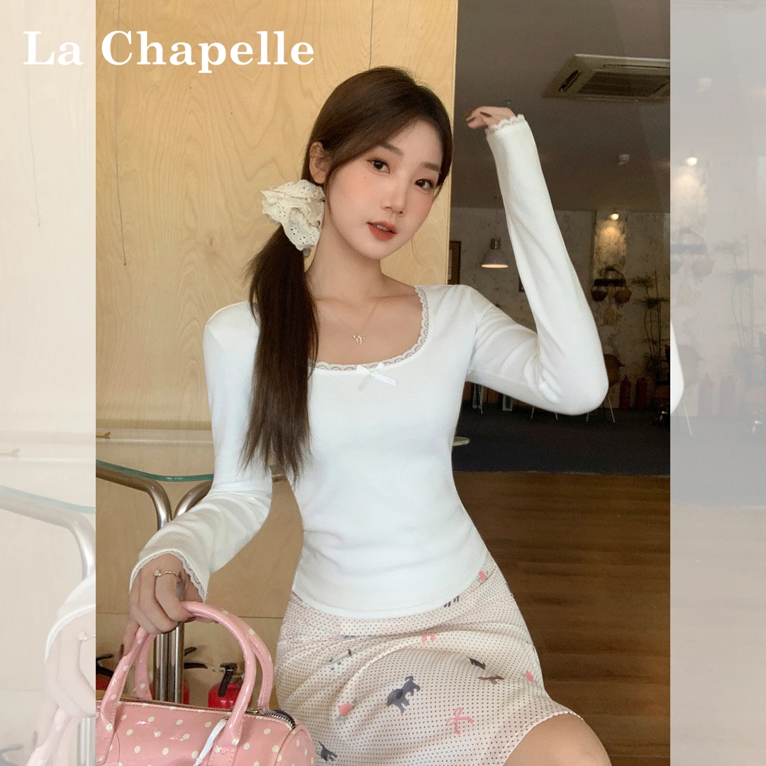 拉夏贝尔纯欲蕾丝边圆领长袖T恤女秋季温柔修身打底白色内搭上衣