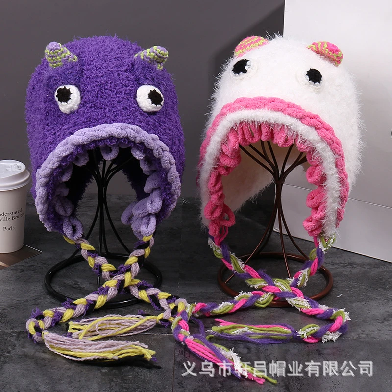 新款怪兽手工针织毛线帽亲子搞怪童趣绑带毛绒帽秋冬保暖套头帽潮
