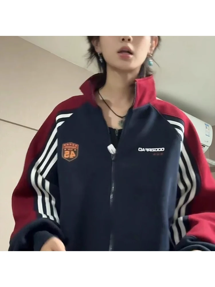 美式复古撞色三条杠立领卫衣男女秋季2025新款宽松慵懒风开衫外套