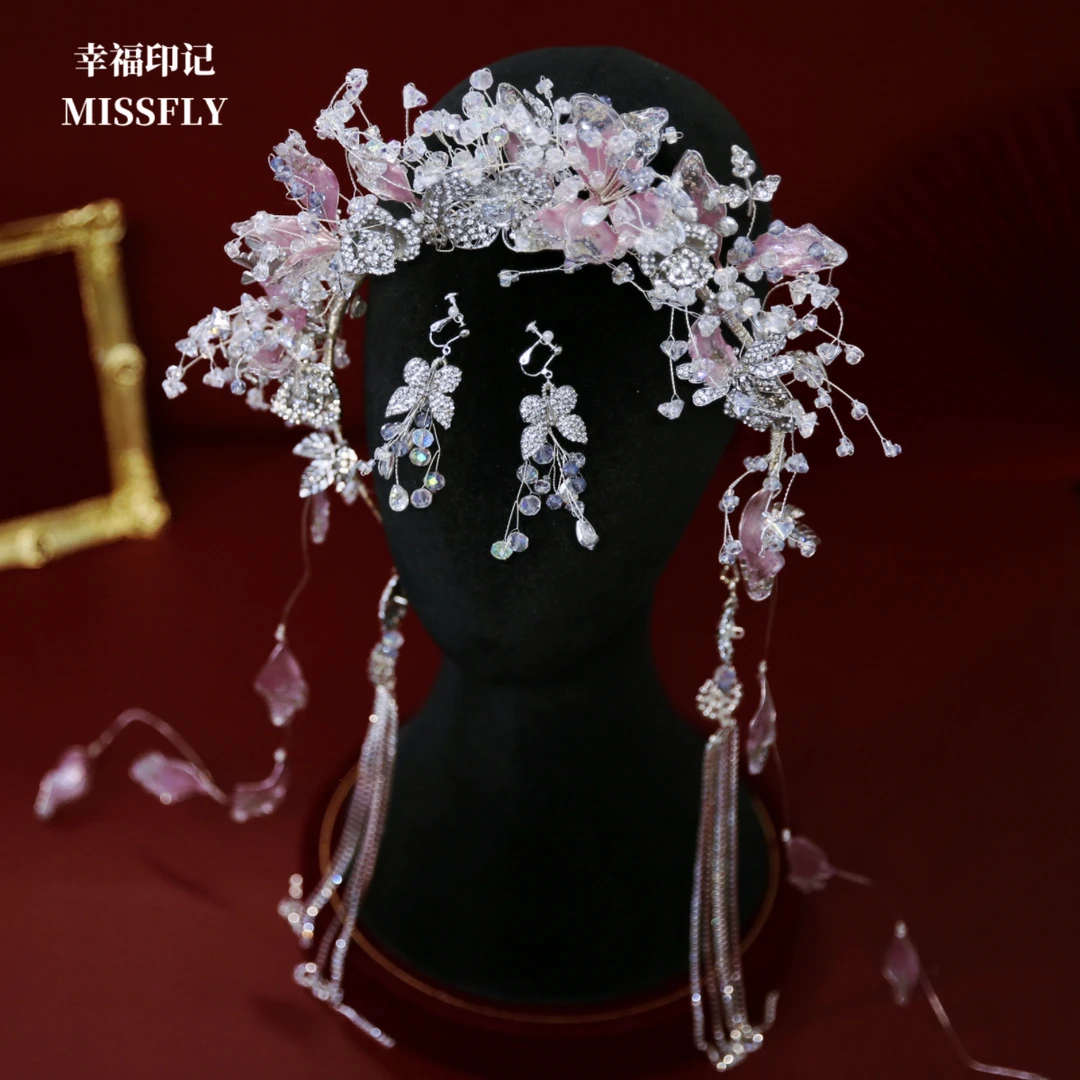 森系韩式新娘头饰婚礼结婚新娘白色唯美简约金色流苏