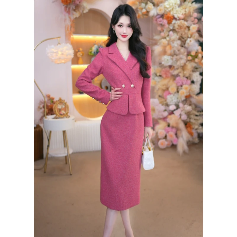 2025裙子秋冬款气质长袖轻奢西装领通勤风高级感包臀连衣裙25147