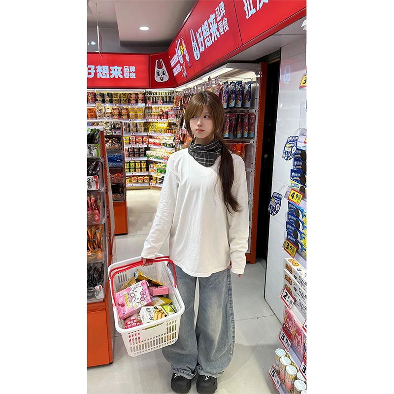白色正肩长袖T恤男女款秋季潮牌重磅小领口上衣基础款内搭打底衫