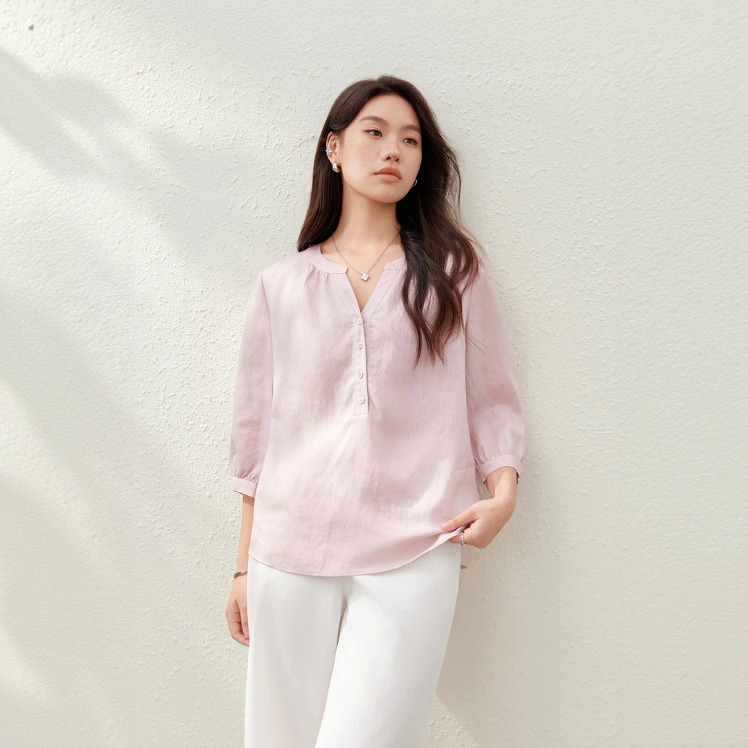 【微醺小调】纤莉秀W大码女装法式莱赛尔苎麻小V领宽松衬衫QK2578