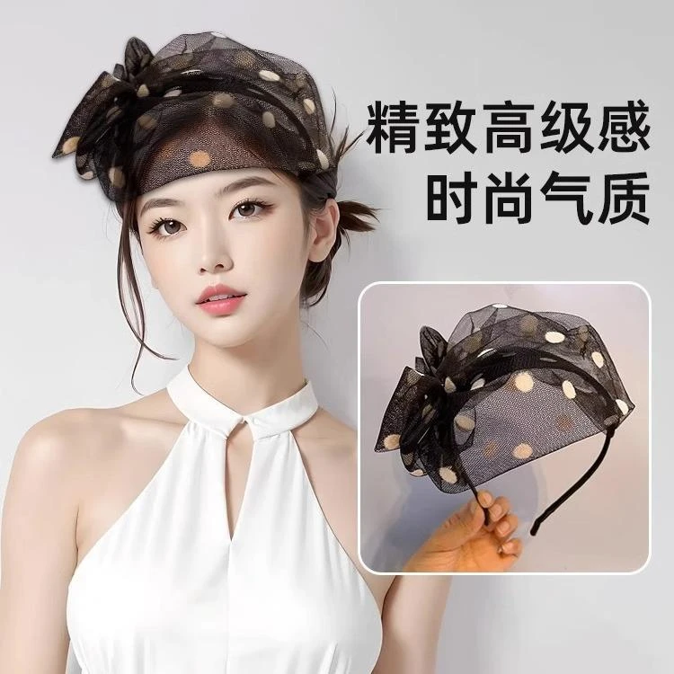 法式复古波点薄款网纱半帽发箍宽边蝴蝶结洋气遮白发卡女前额头饰