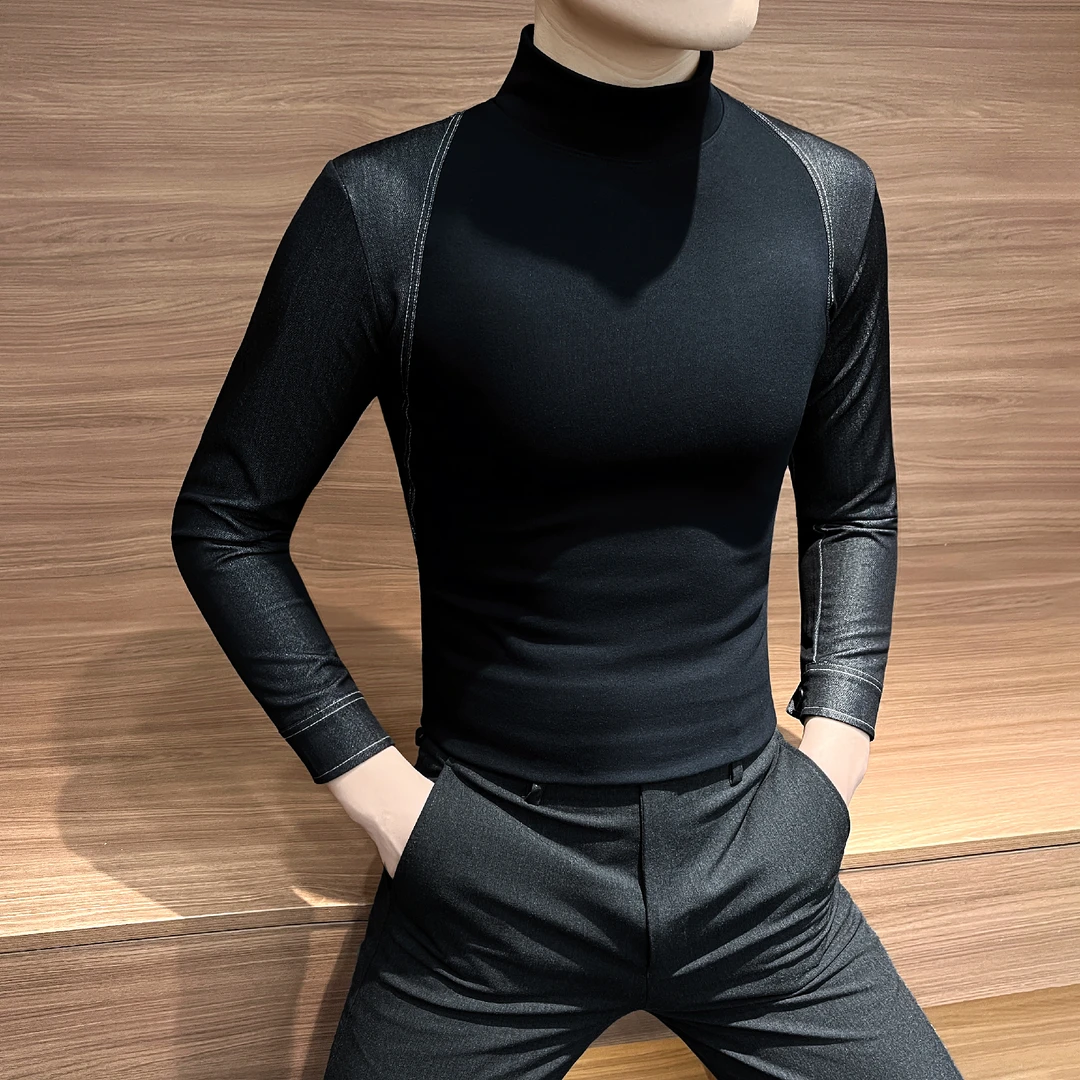 牛仔拼接中领长袖T恤男款秋冬爆款2025新款设计感痞帅男士打底衫