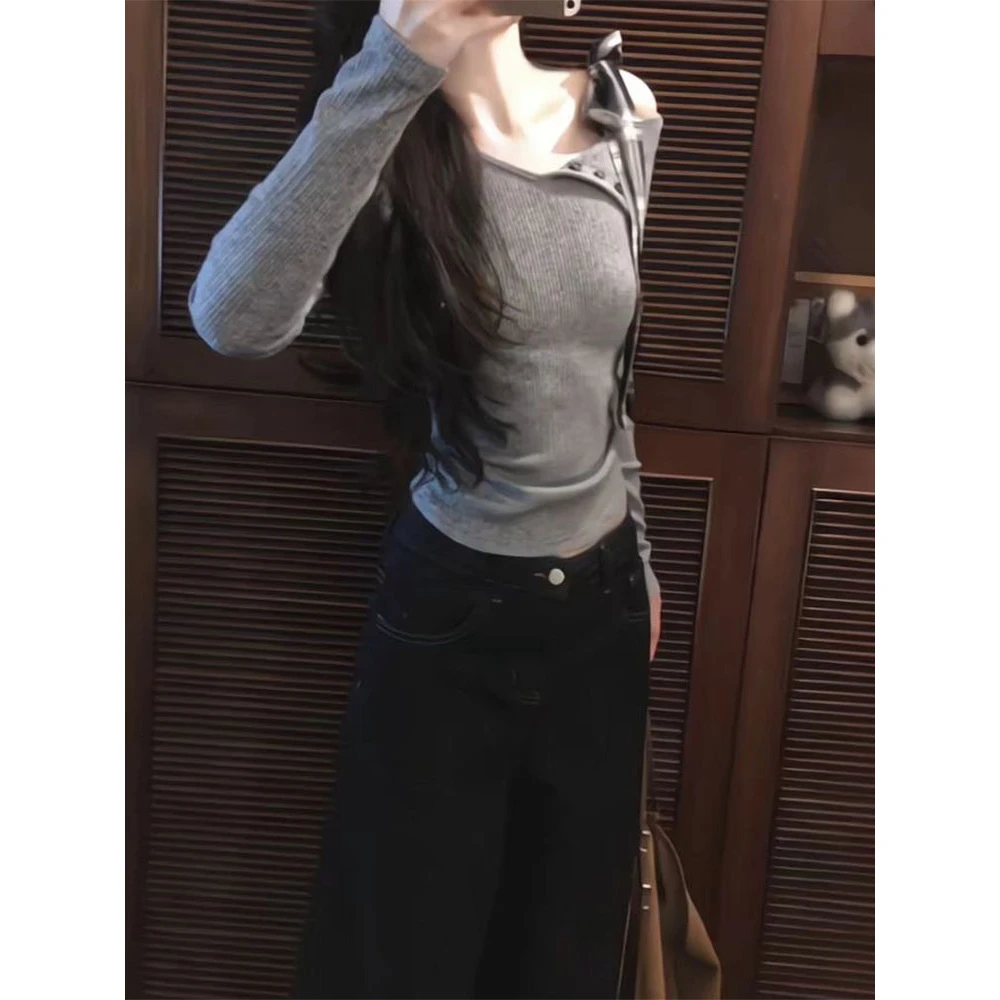 纯欲风甜辣灰色一字肩长袖针织女设计感小众别致系带修身露肩上衣