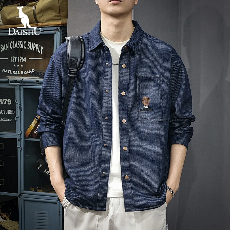 Dai Shu/袋鼠2025秋季新款提花长袖衬衫男宽松休闲刺绣衬衣外套