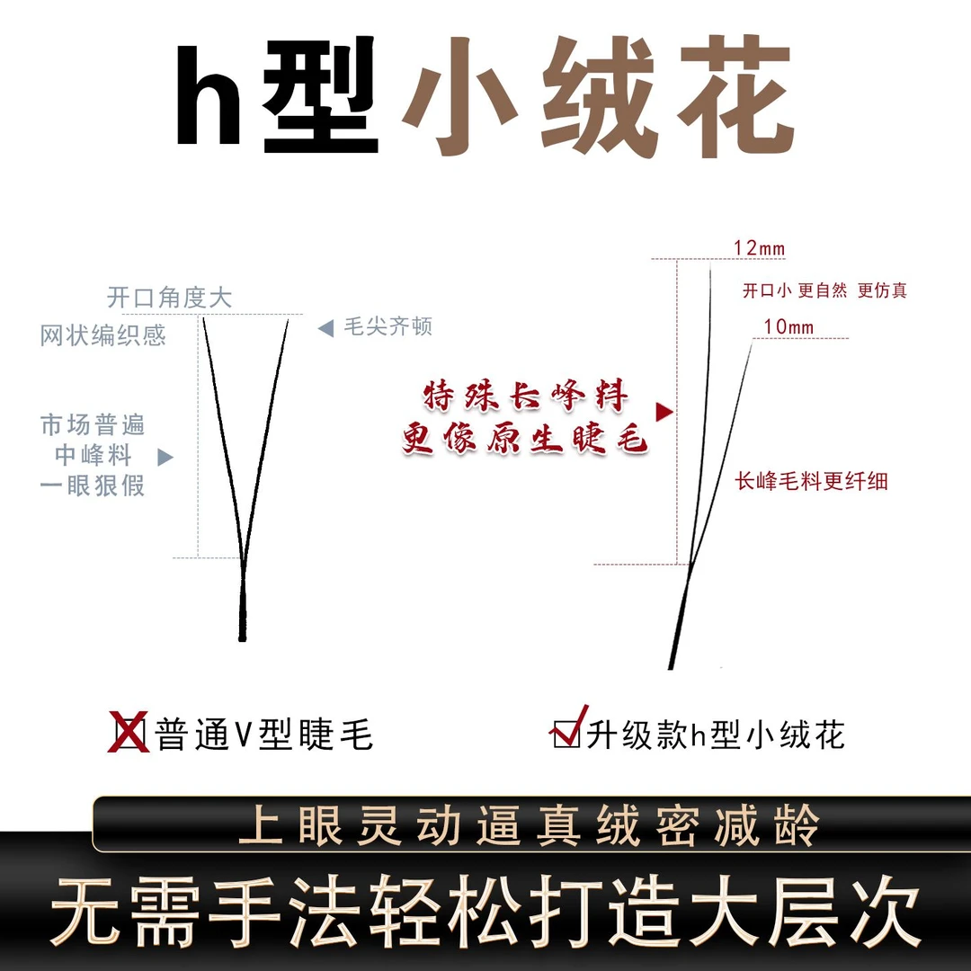 艾婕丝妤h型长短小绒花假睫毛二叶草睫毛懒绒绒睫毛美睫店专用