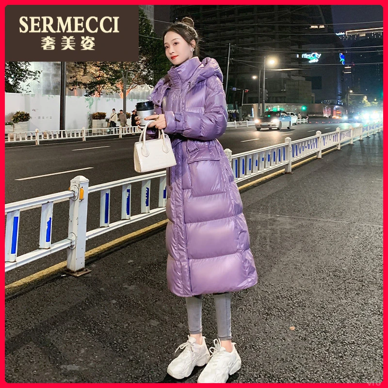 亮面羽绒服女新款冬季中长款奢美姿紫色高端2025年过膝加厚高级感
