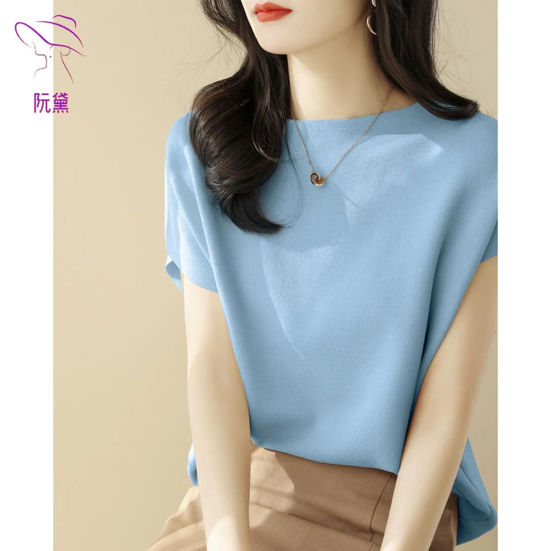 阮黛高级感洋气无袖针织女装上衣新款冰丝薄款一字领蝙蝠袖T恤衫