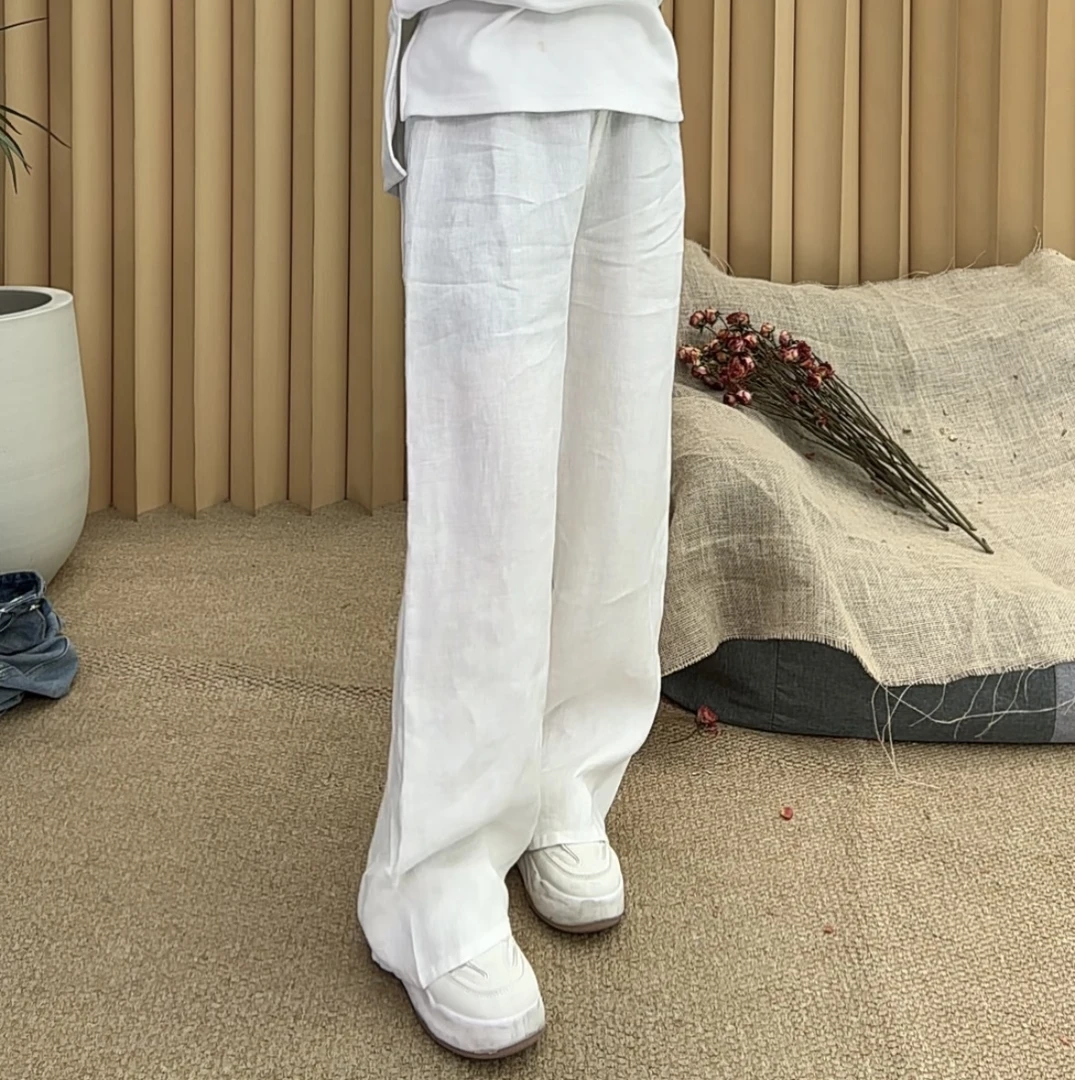 纯亚麻100%夏季薄款高腰垂感休闲窄版直通阔腿裤 7077