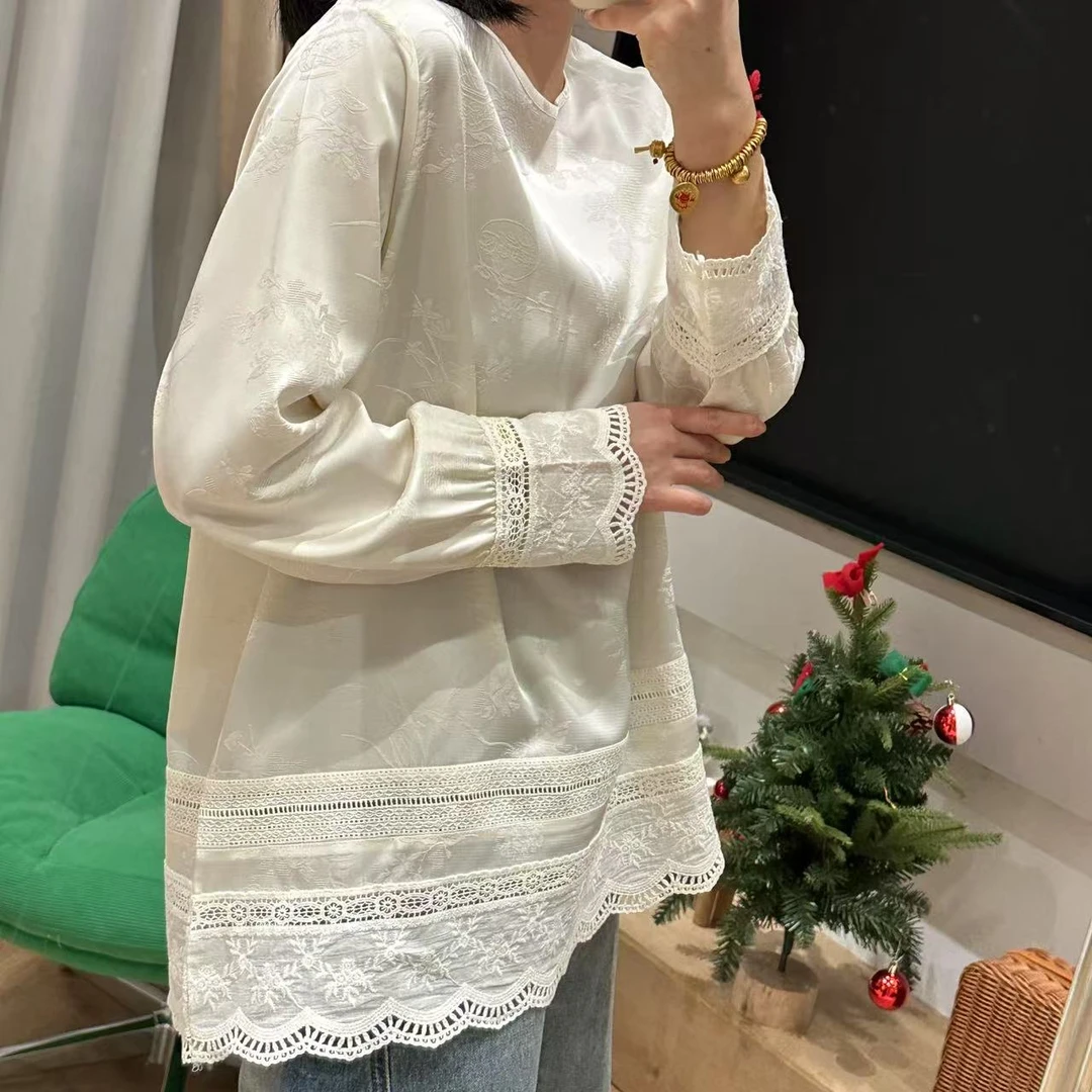 春季蕾丝边拼接缎感套头长袖衬衣5-2-9